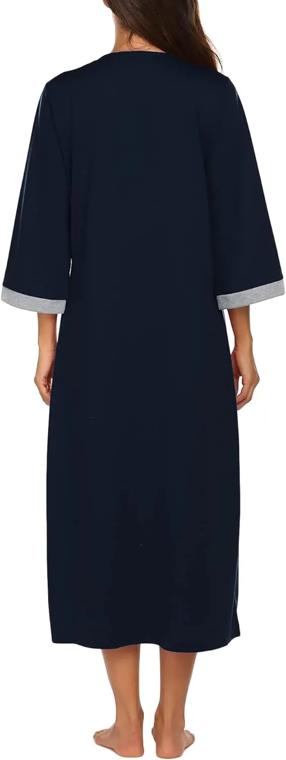 50% OFF Women Zipper Robe 3/4 Sleeves Loungewear Dress Full Length Sleepwear Pockets Housecoat Nightgown Long Bathrobe
