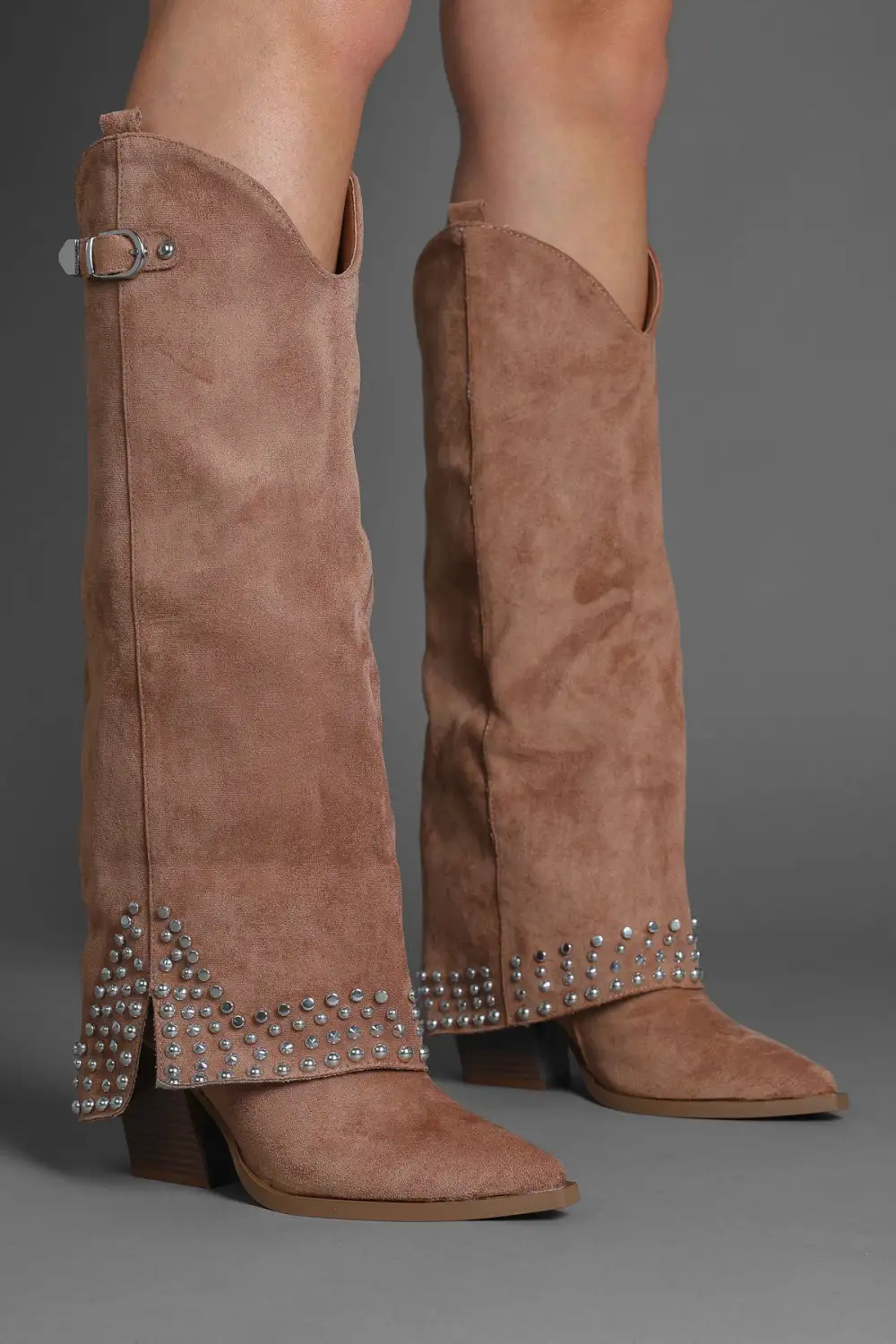 Modern Western Slouch Fold-Over Studded Knee High Boots