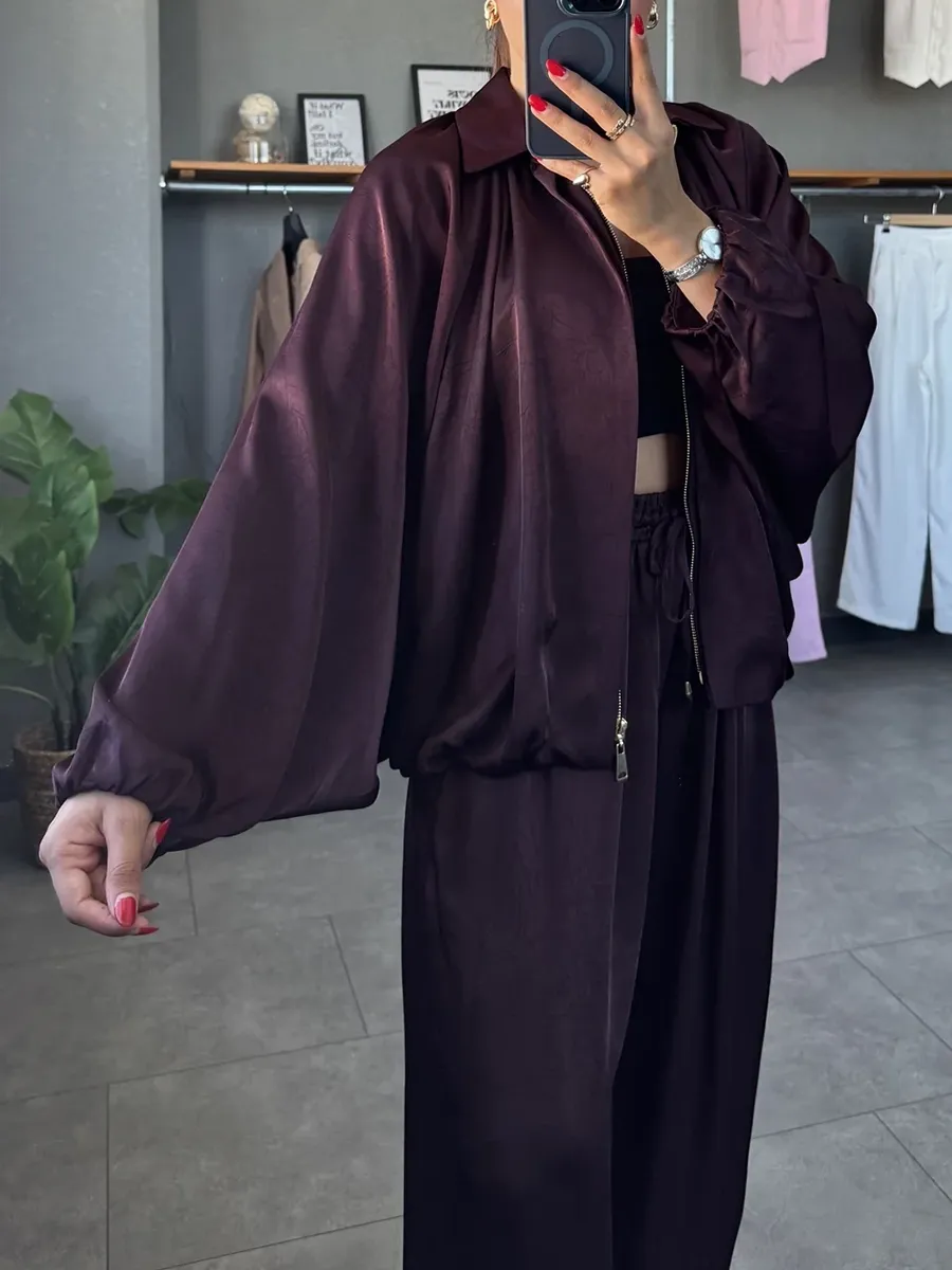 Women's solid color cross-section design casual zipper cardigan & pants set