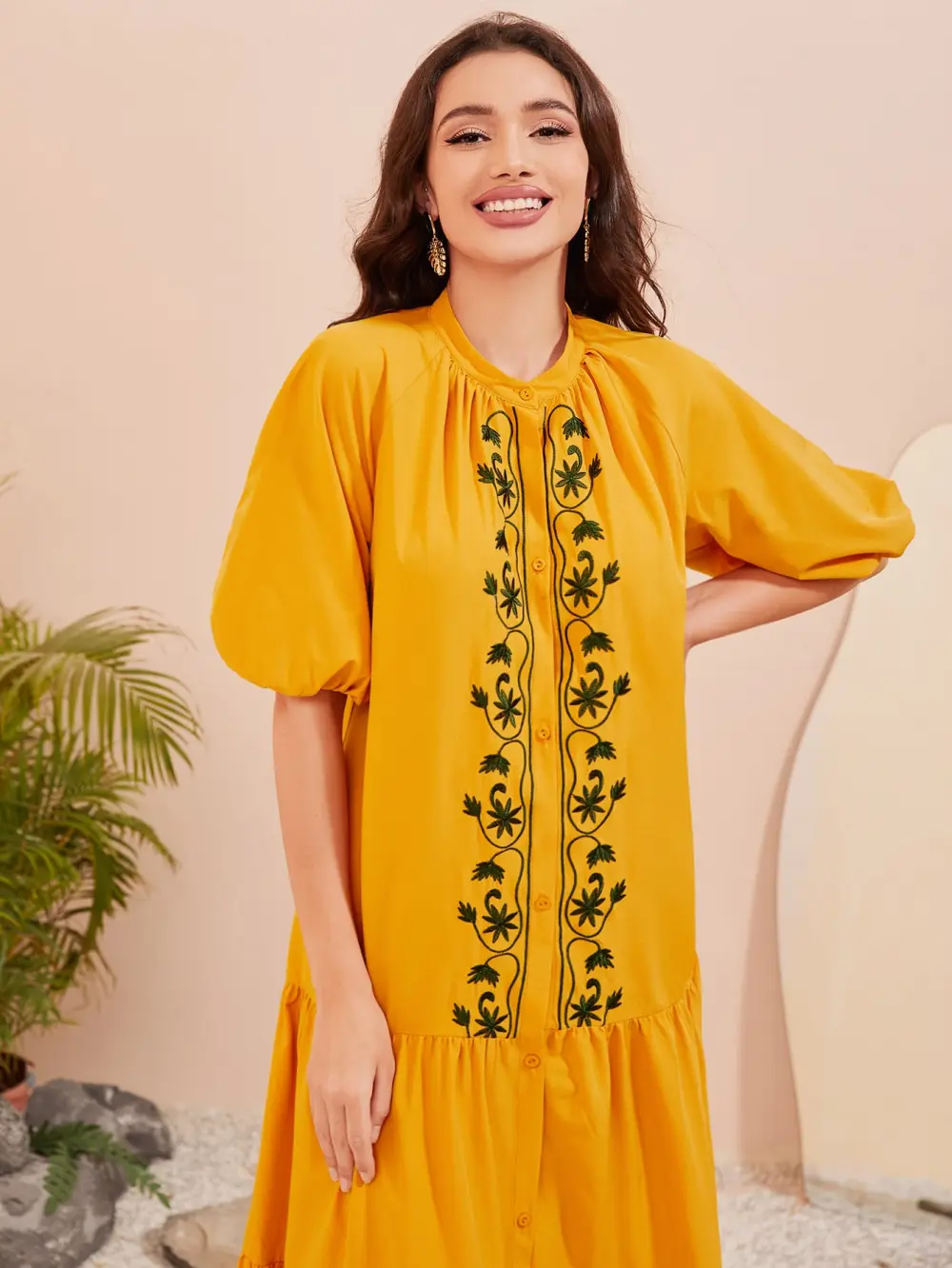 Floral Embroidery Lantern Sleeve Ruffle Hem Dress