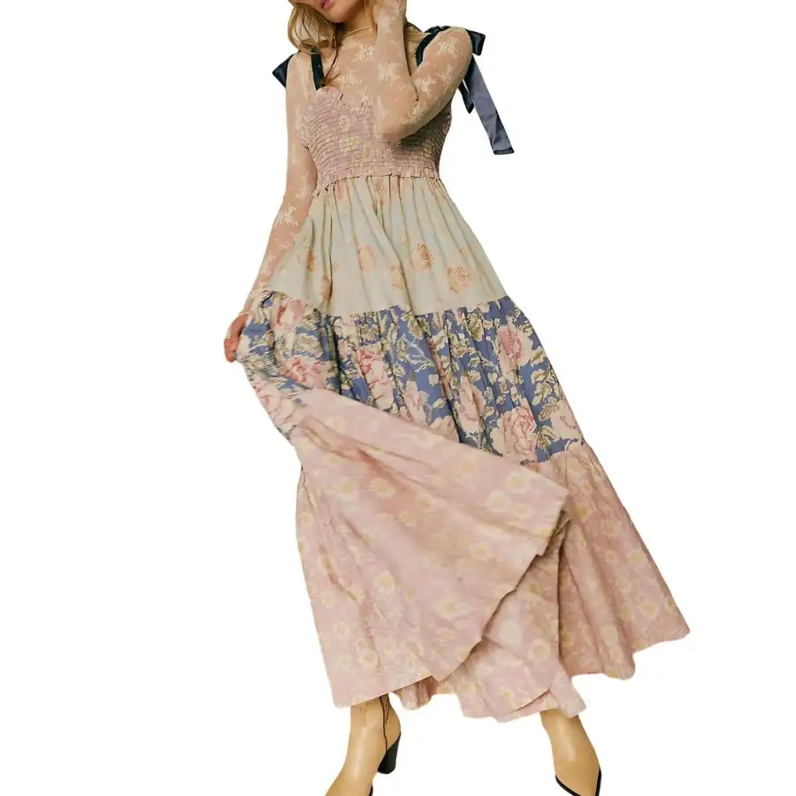 Smocked Tie Shoulder Printed Maxi Dress