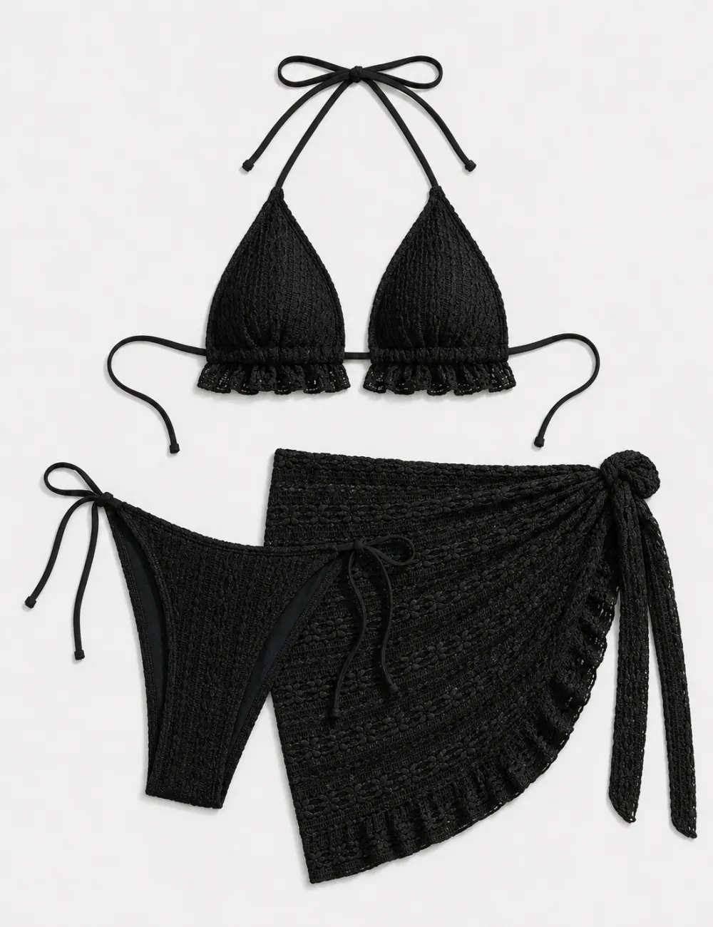 Solid Color Crochet Triangle Bikini Set with Cover Up Skirt