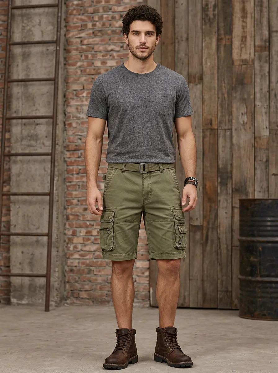 Men's Casual Outdoor Olive Green Cargo Shorts with Multi-Pocket Design