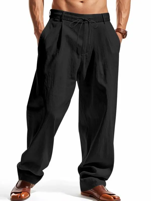 Men’s Solid Color Linen Pants – Casual Wide-Leg Regular Fit Trousers for Spring & Fall