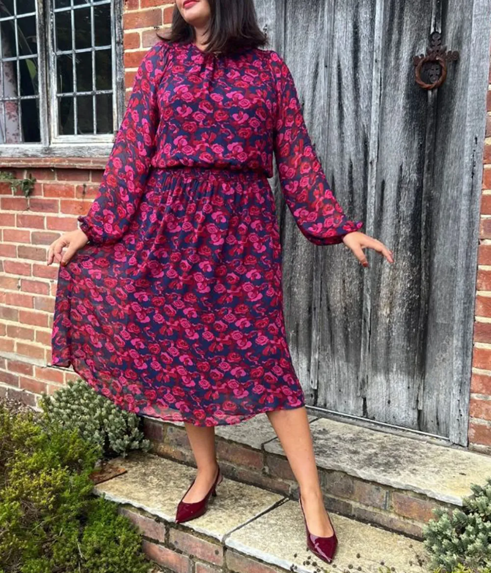 Pink Rose Print Lorie Midi Dress
