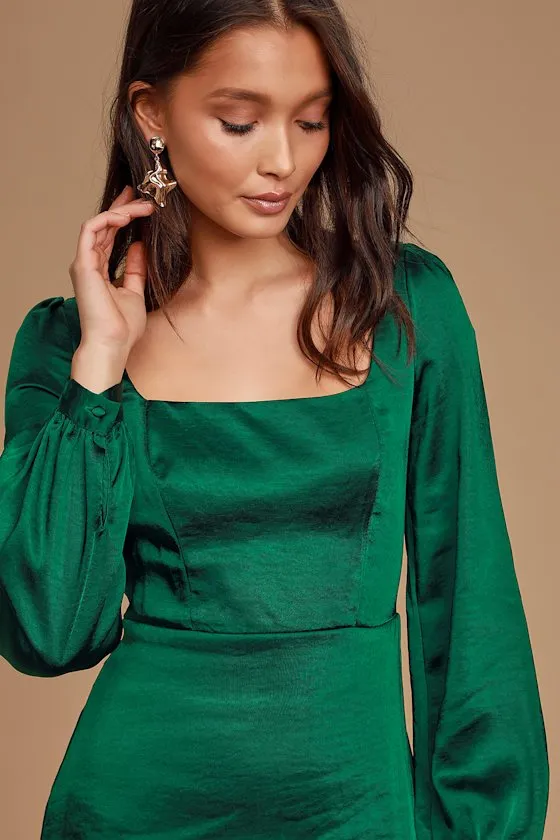 Got The Love Emerald Green Satin Square-Neck Mini Dress