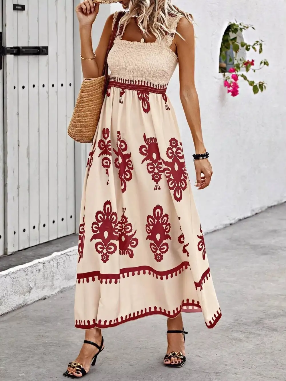 Printed Square Neck Smocked Maxi Dress