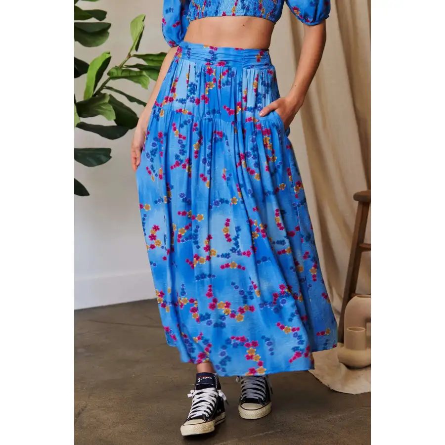 Davi and Dani Printed Smocking Waistband Ruffled Maxi Skirt