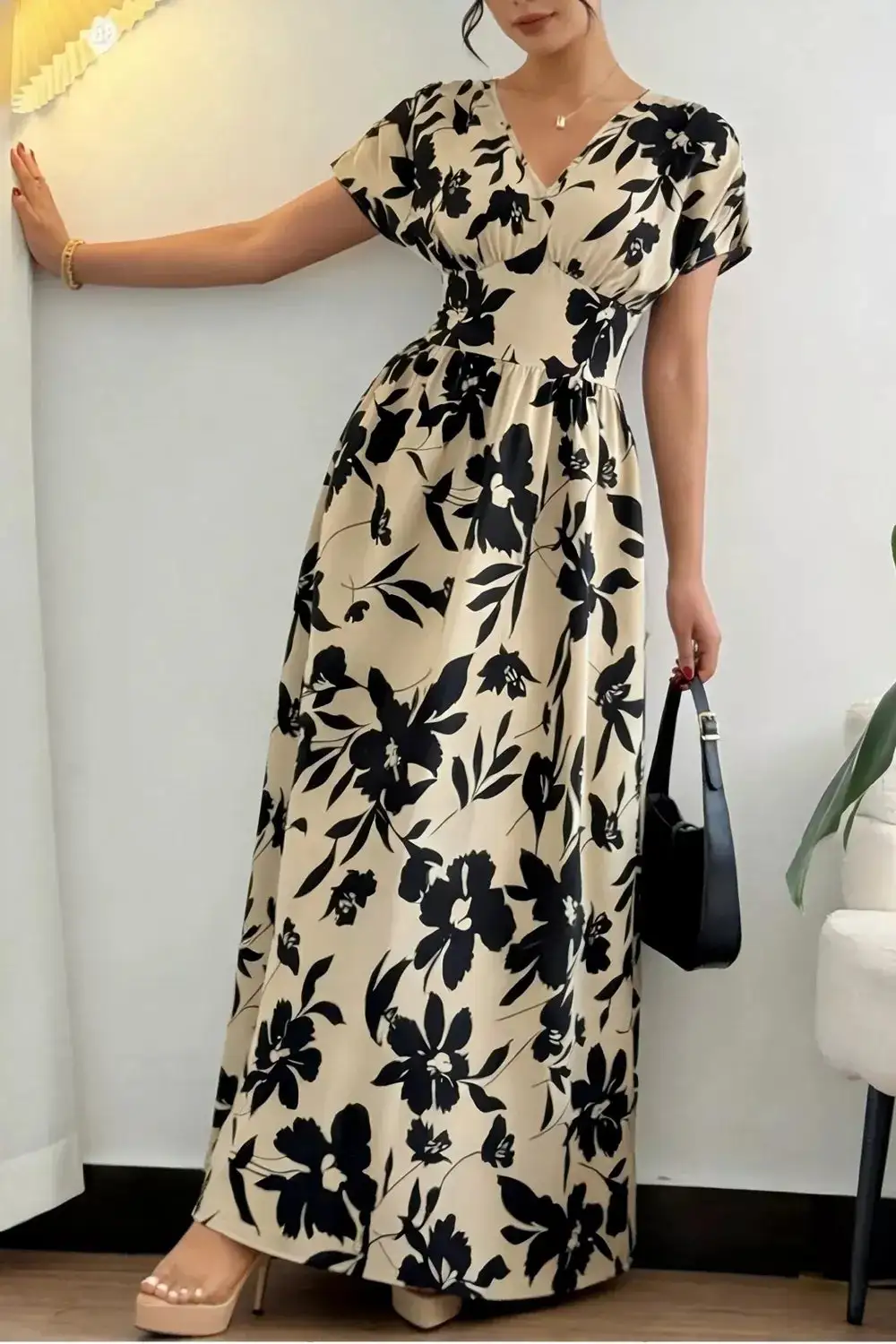Botanical Print Short Sleeve A-Line Maxi Dress