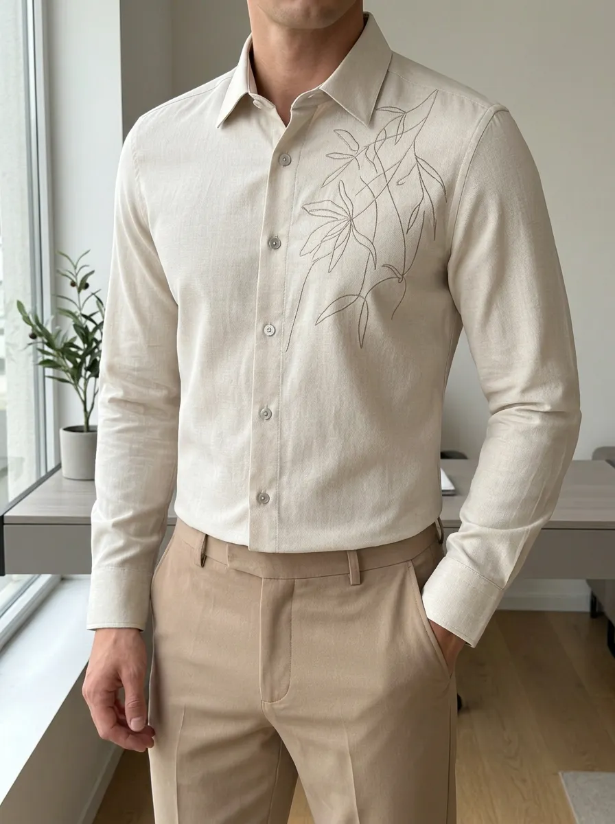 Men's Minimalist Botanical Line Art Printed Slim Fit Shirt