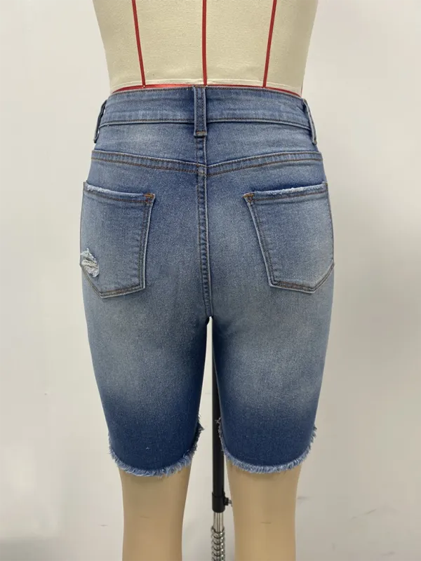 Slim Fit Buttoned Shorts Street Ripped Denim Pants