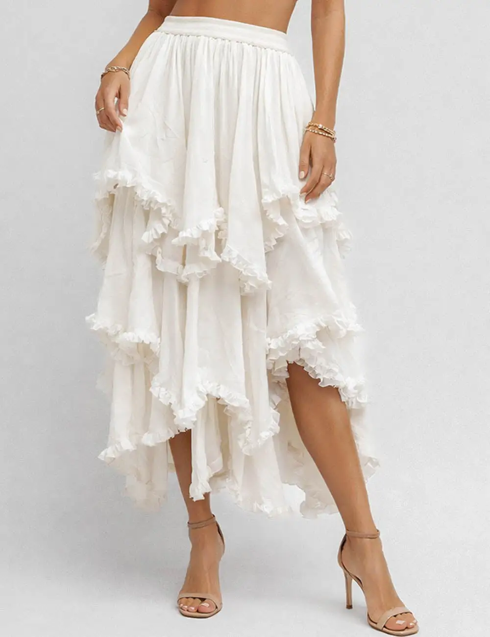 Sheer Mesh Elastic Waist Tiered Ruffle Midi Skirt