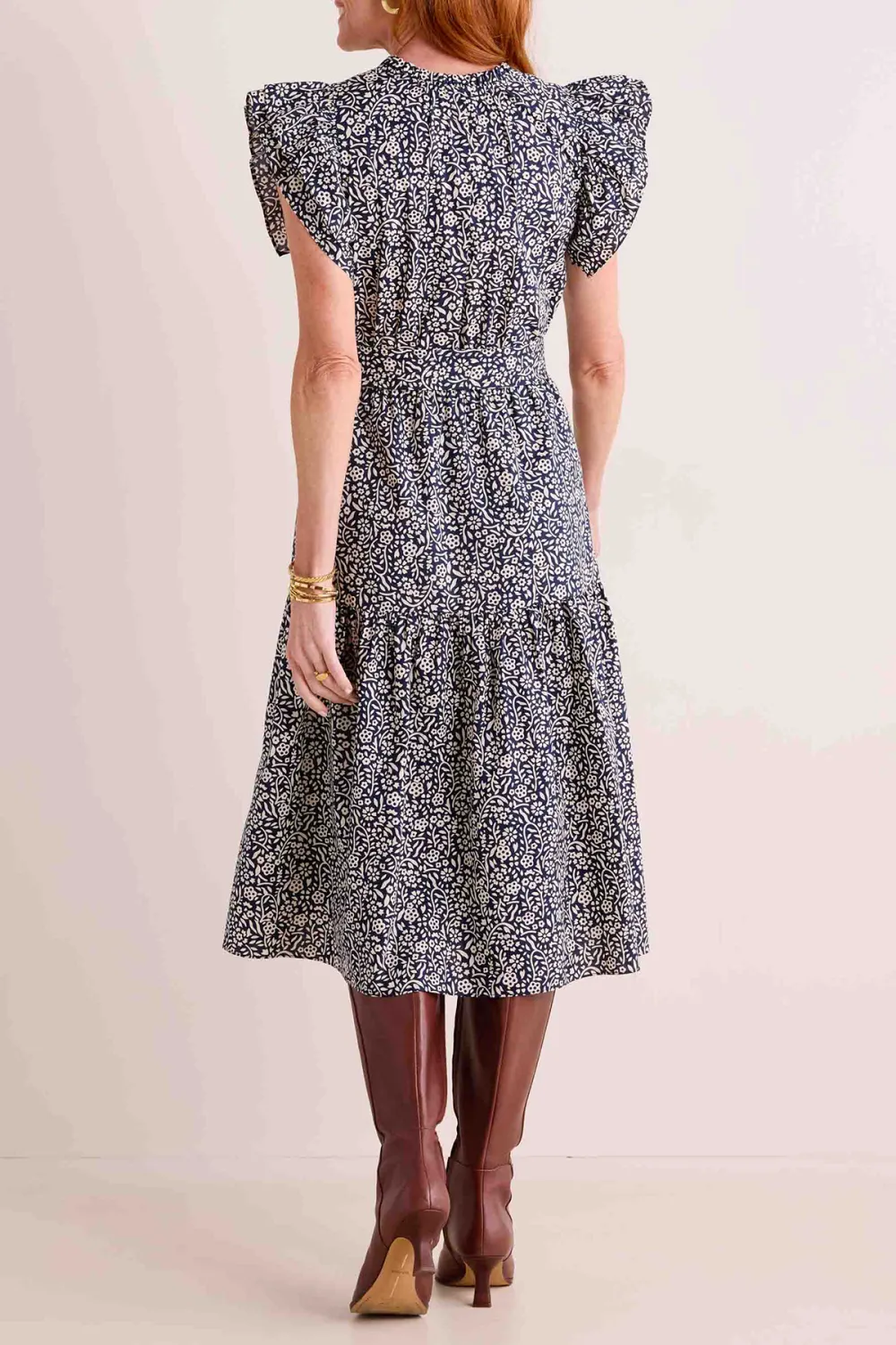 Navy Floral Print V-Neck Tie-Waist Dress