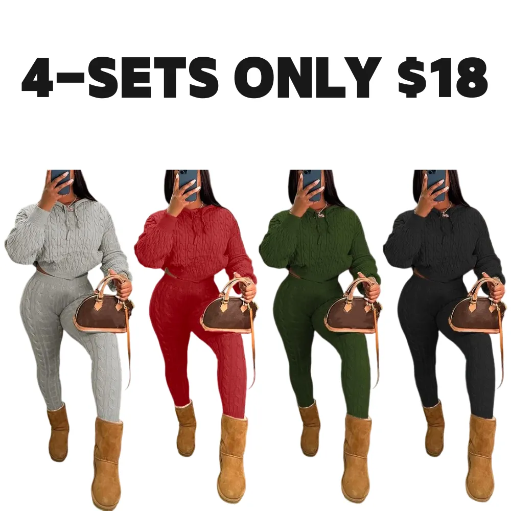 Women's Minimalist Textured Long Sleeve Crop Hooded Sweater& High Waist Skinny Pants Set