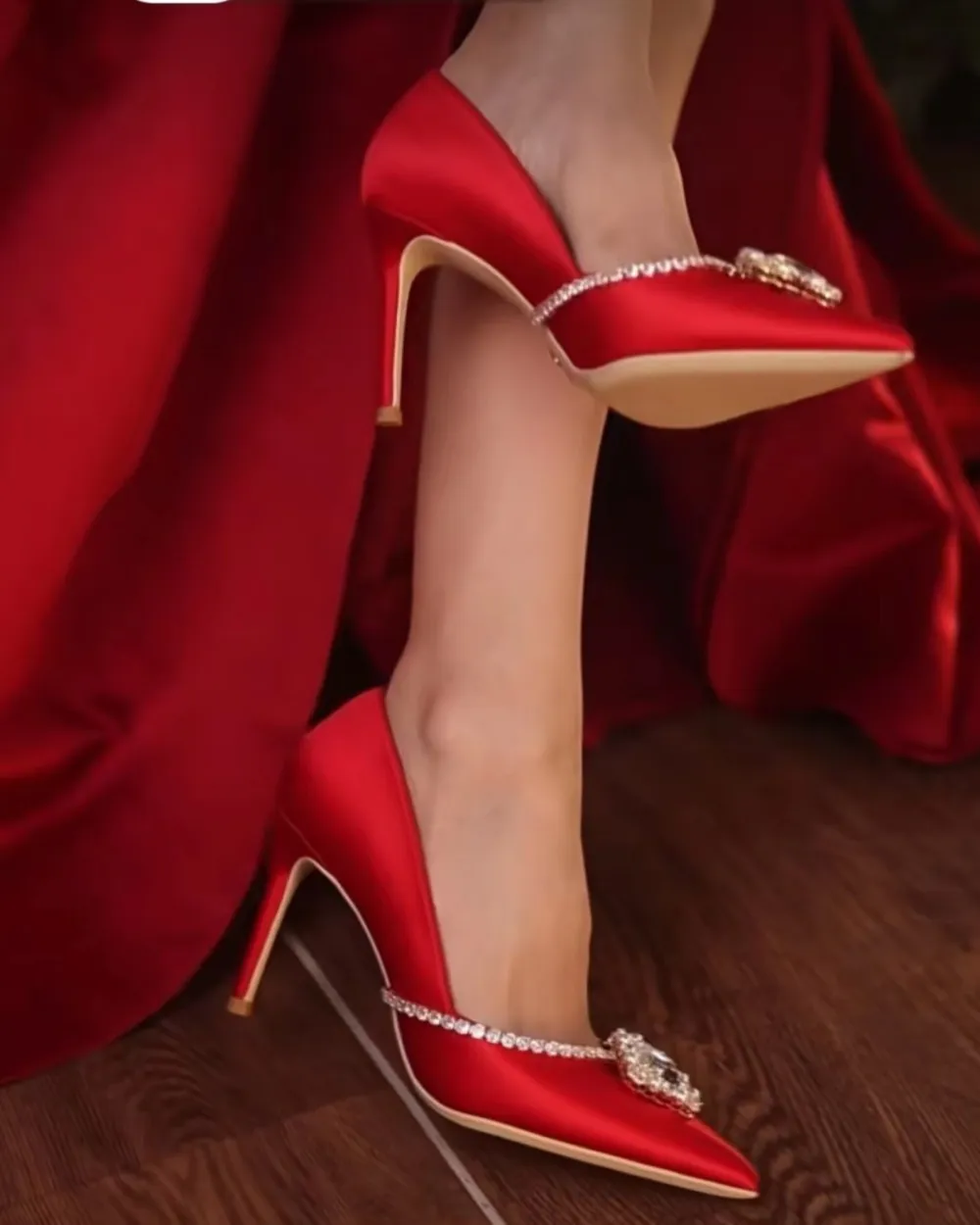Rhinestone Satin Pumps in Red