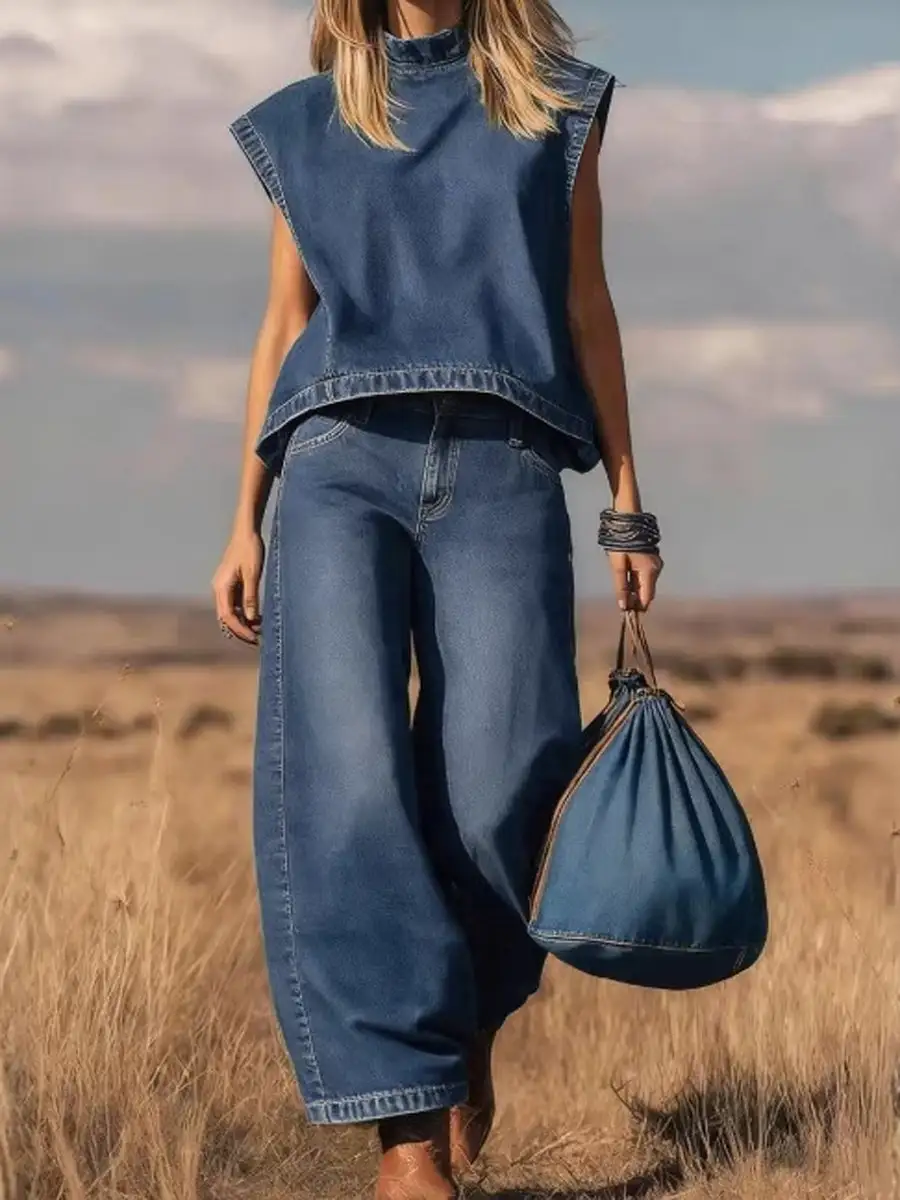 High Waist Relaxed Vest And Pants Set