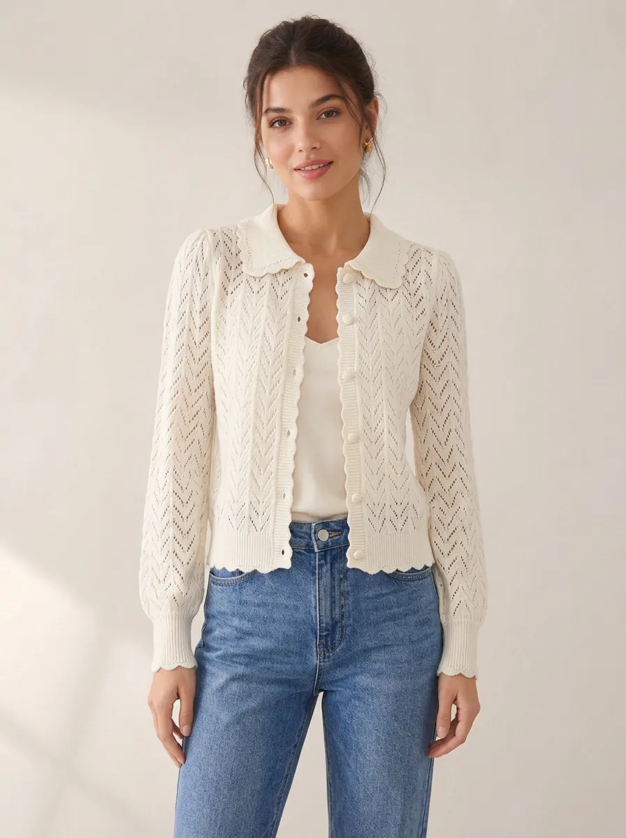 Women's Vintage Style Chevron Knit Scalloped Collar Cardigan Top