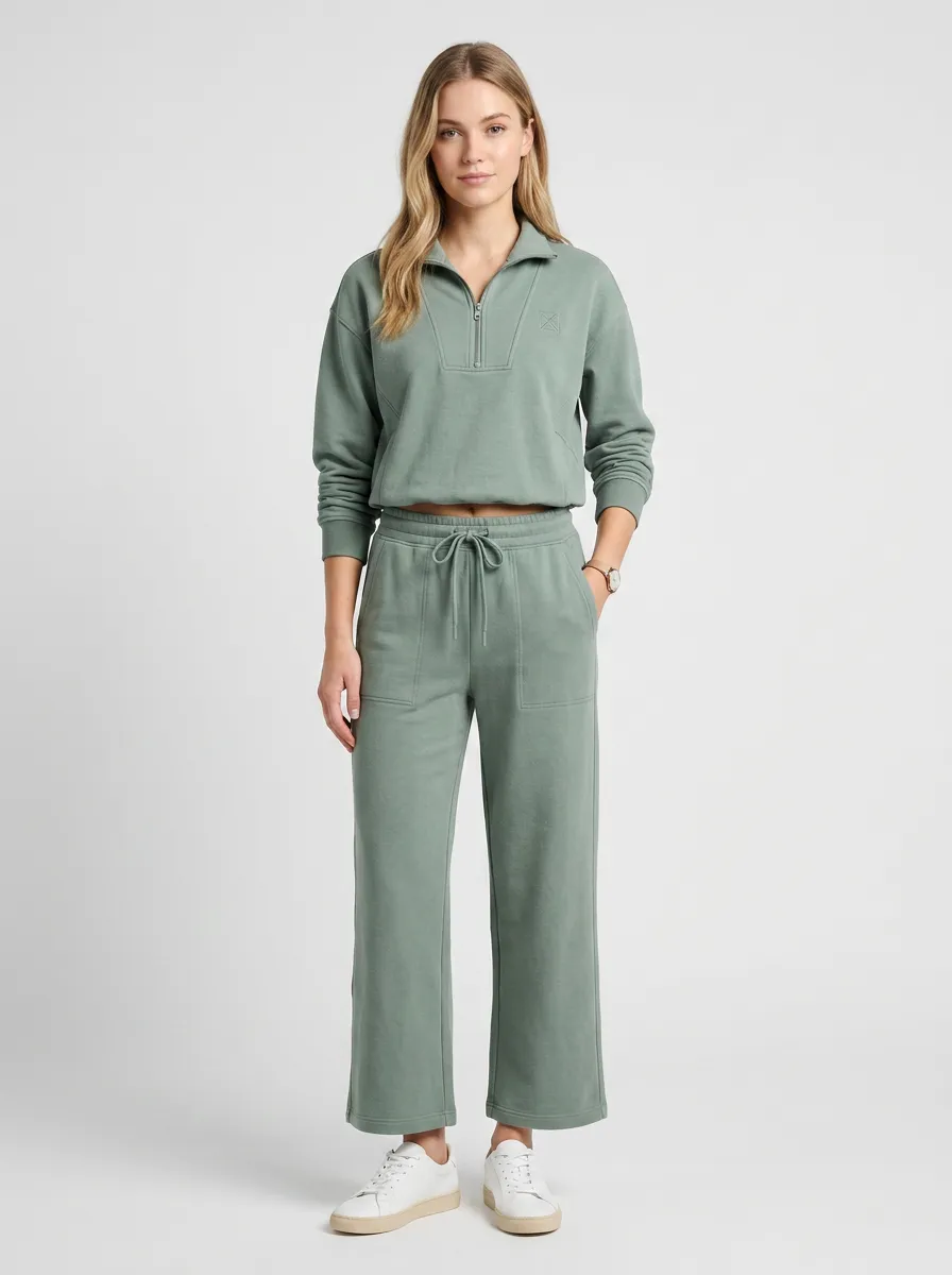 Women's Sage Green Quarter-Zip Crop Sweatshirt and Wide-Leg Pants Lounge Set