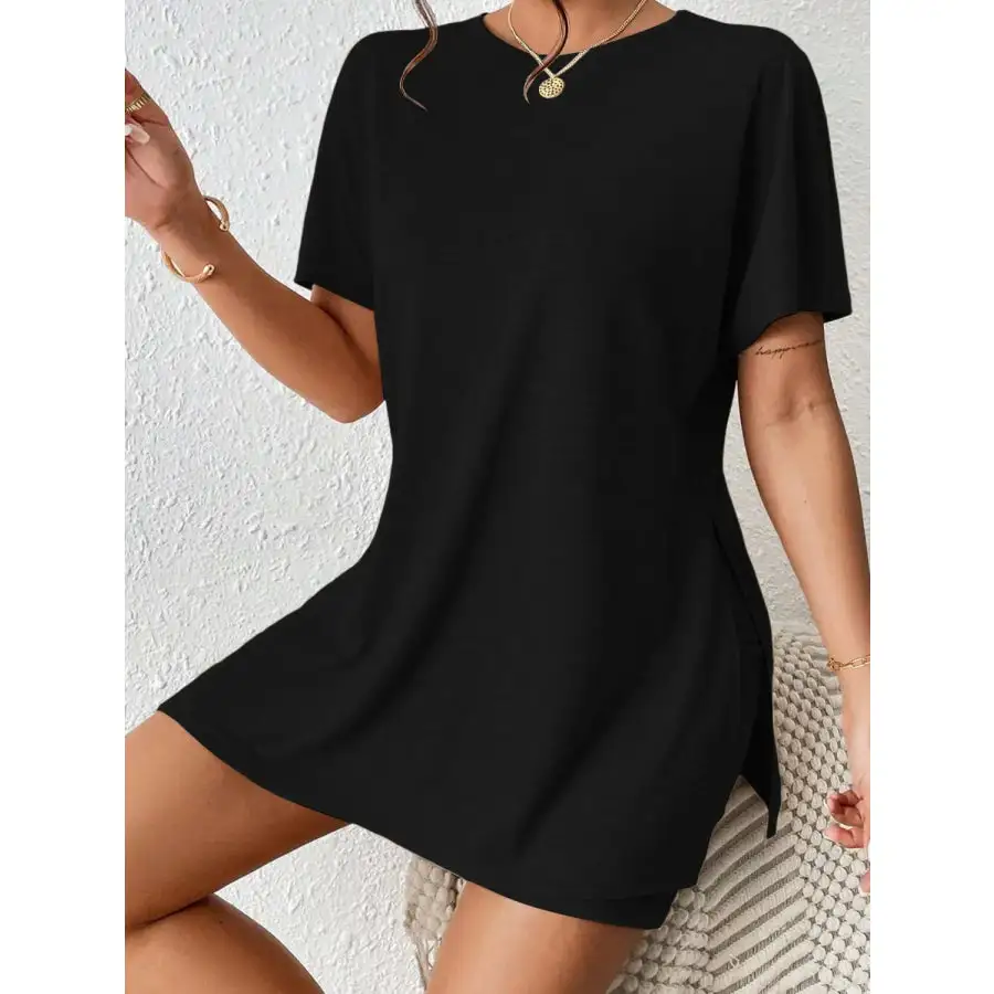 Slit Round Neck Short Sleeve Oversized Top and Shorts Set