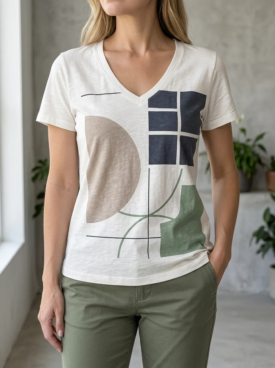 Women's Expressive Abstract Geometric Art V-Neck T-Shirt