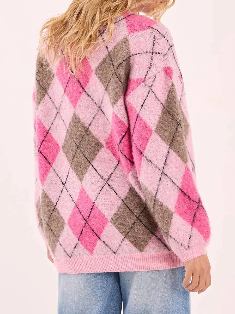Women'S Sweet & Edgy Contrast Argyle Knit Sweater