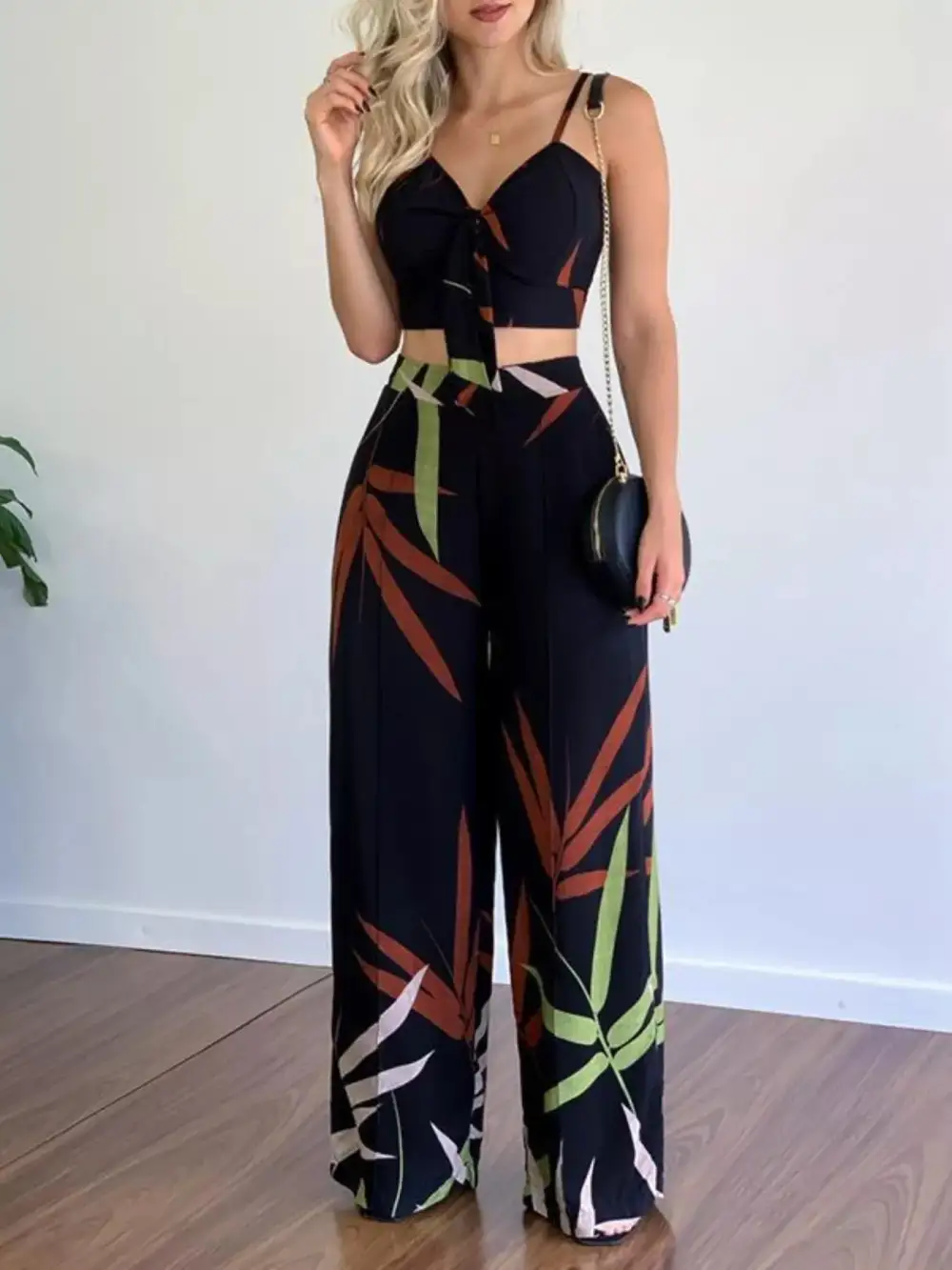Tropical Print Spaghetti Strap Crop Top and Wide Leg