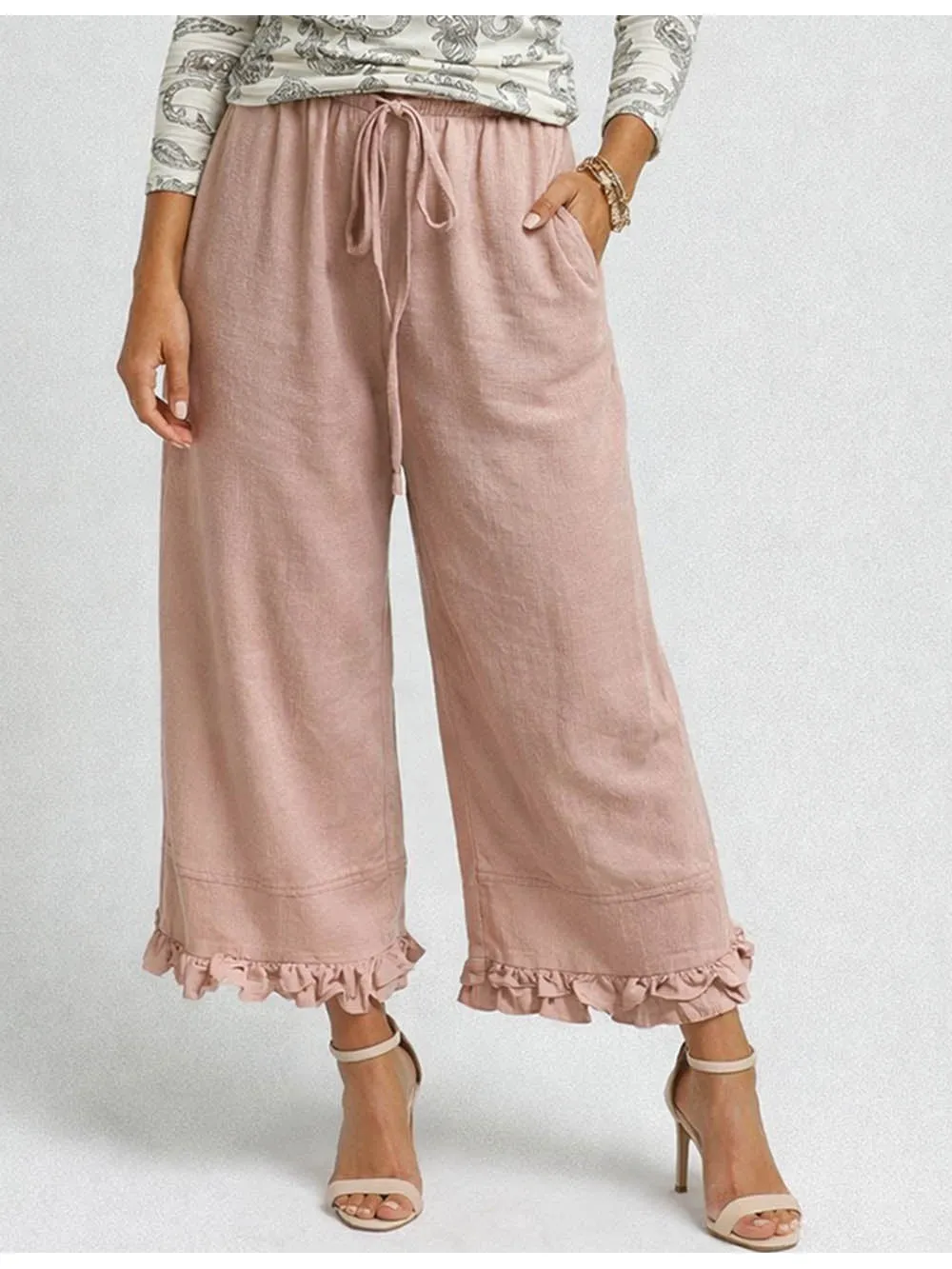 Elastic Waist Drawstring Ruffle Hem Wide Leg Pants