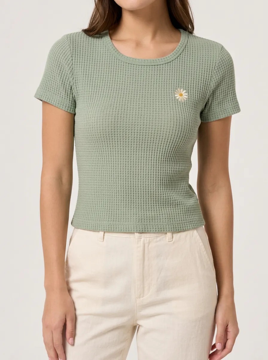 Women's Sage Green Daisy Flower Embroidered Waffle Knit Top