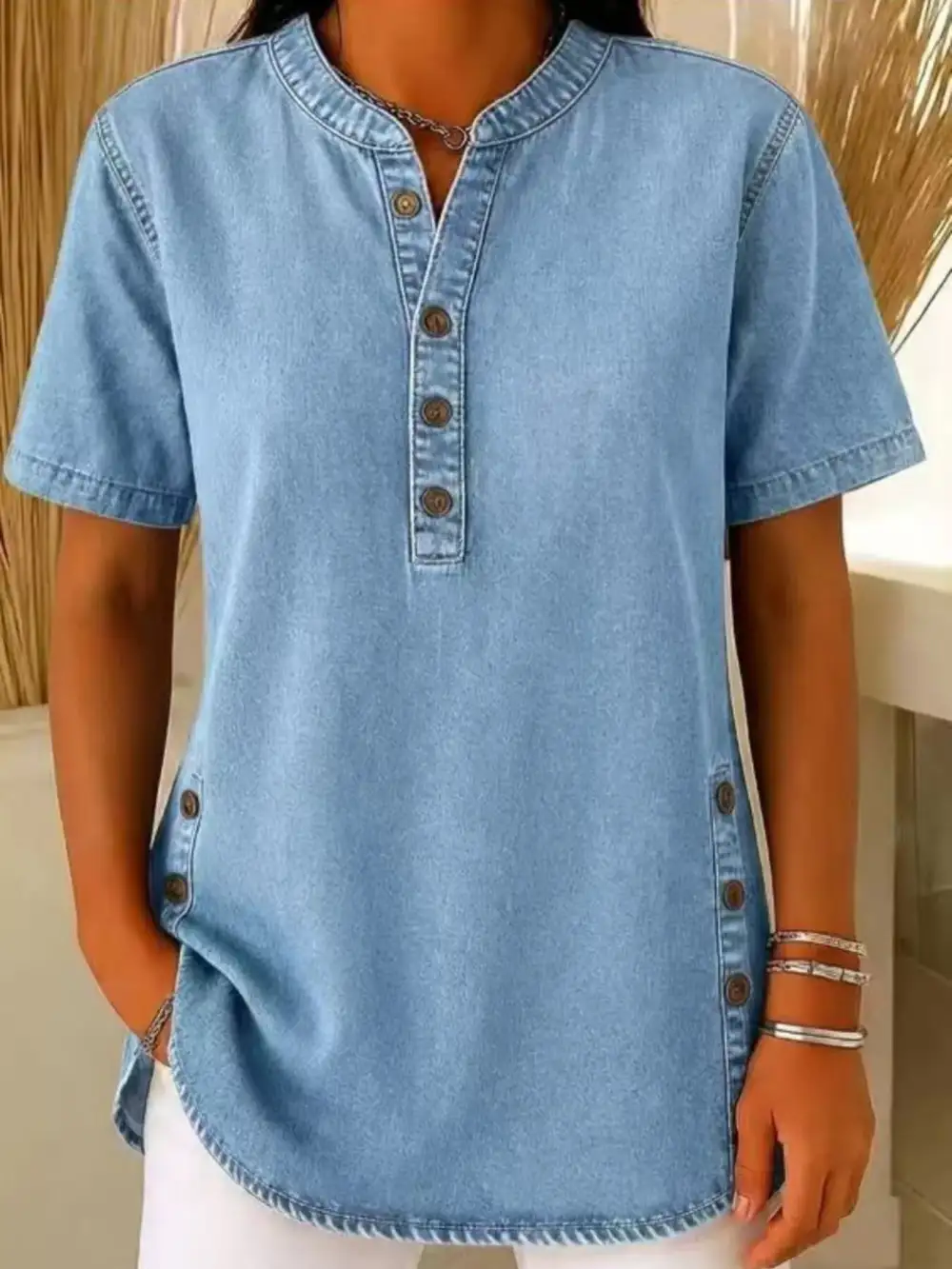 Button Detail Short Sleeve Blouse Plus