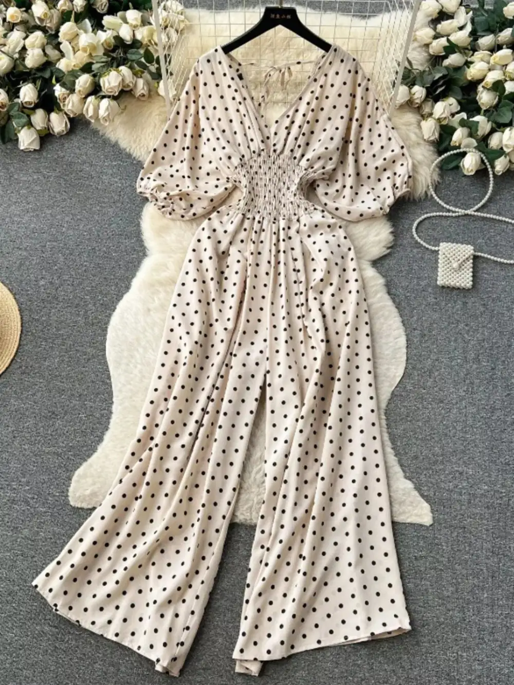 Smocked V Neck Wide Leg Jumpsuit
