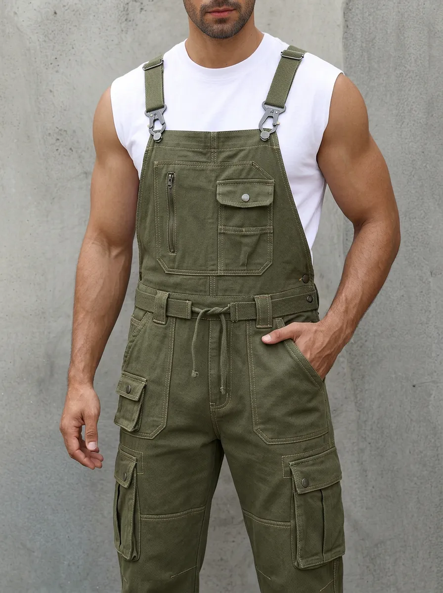 Men's Tactical Olive Green Multi-Pocket Cargo Overalls