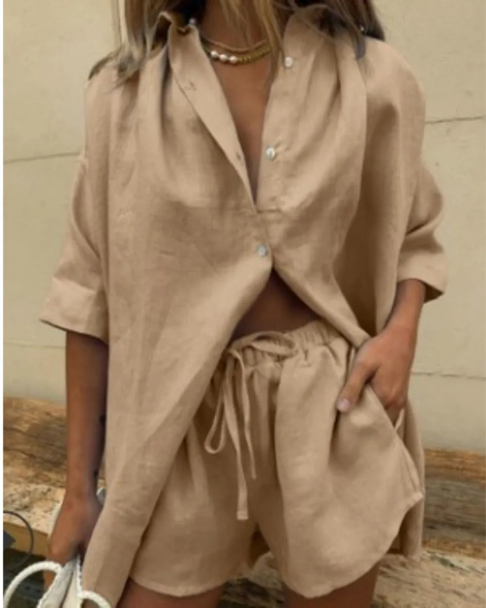 Casual V-Neck Shirt and Shorts Two-Piece Set