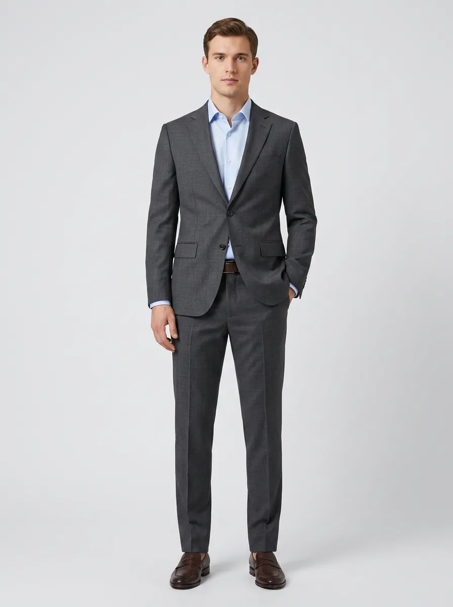 Men's Button Down Business Formal Charcoal Grey Solid Two-Piece Suit