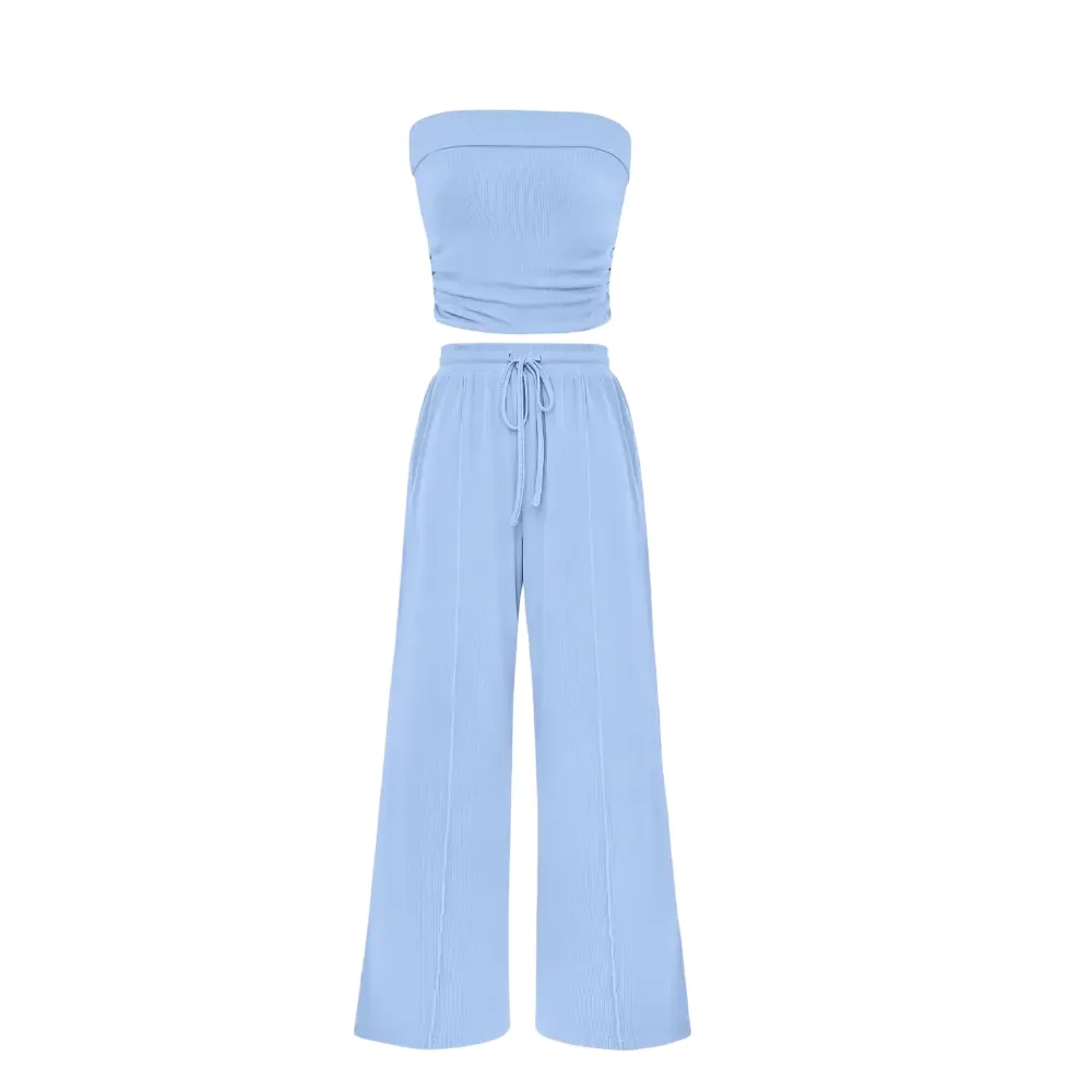 Women's Summer Outfits 2 Piece Sets Casual Ribbed Knit Crop Top & Wide Leg Pants