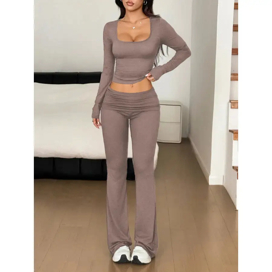 Long Sleeve Crop Top and Bootcut Pants Set