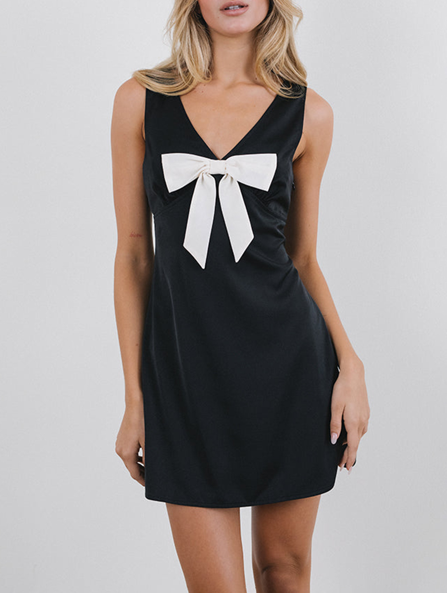 Mini Dress In Satin Black With Ivory Bow