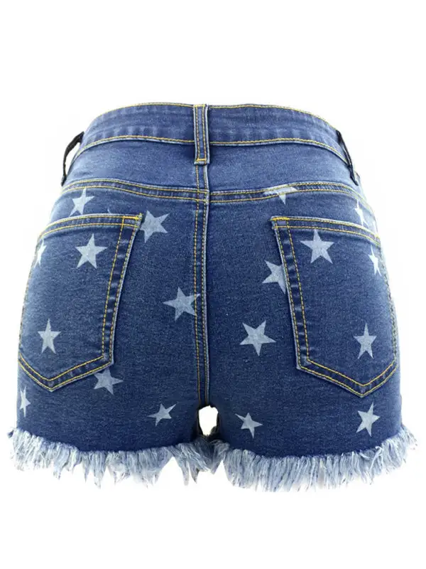 Fringe Pentagram Print High Waist Shorts Denim Pants