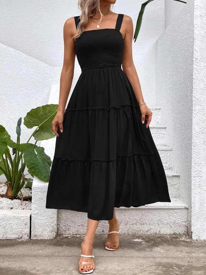 Women'S Frill Trim Ruffle Hem Shirred Backless Sundress Cami Dress, Sleeveless A Line Long Dress, Women'S Clothing For Summer Beach Holiday, Boho Clothes Women, Vintage Girly Clothes,
