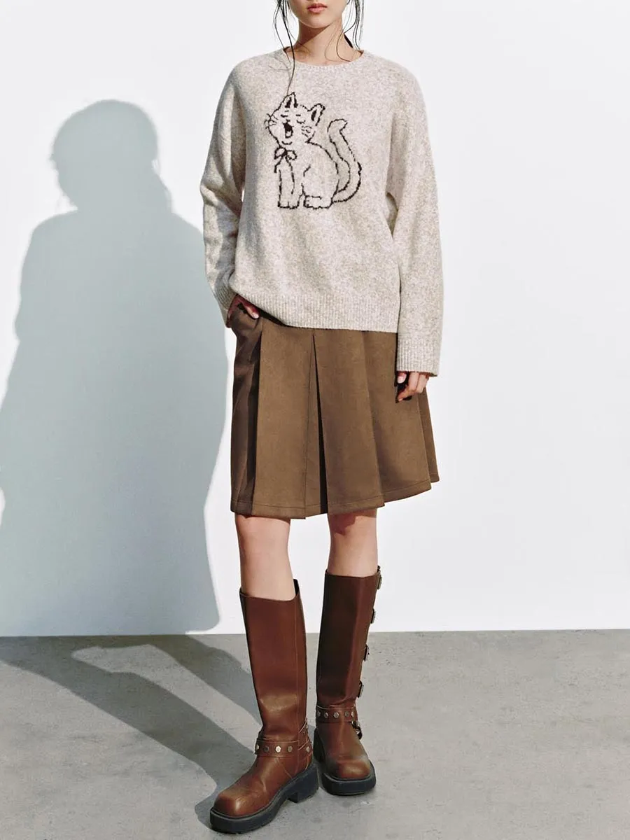 Lady's Cartoon Cat Embroidered Round-Neck Sweater