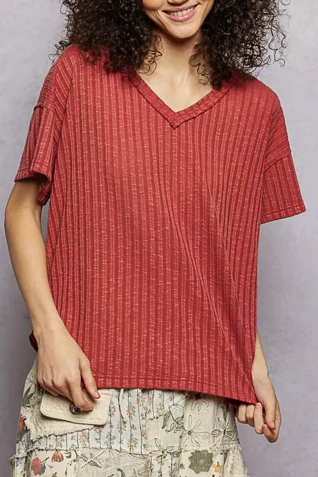 V-Neck Short-Sleeve Textured Ribbed T-Shirt