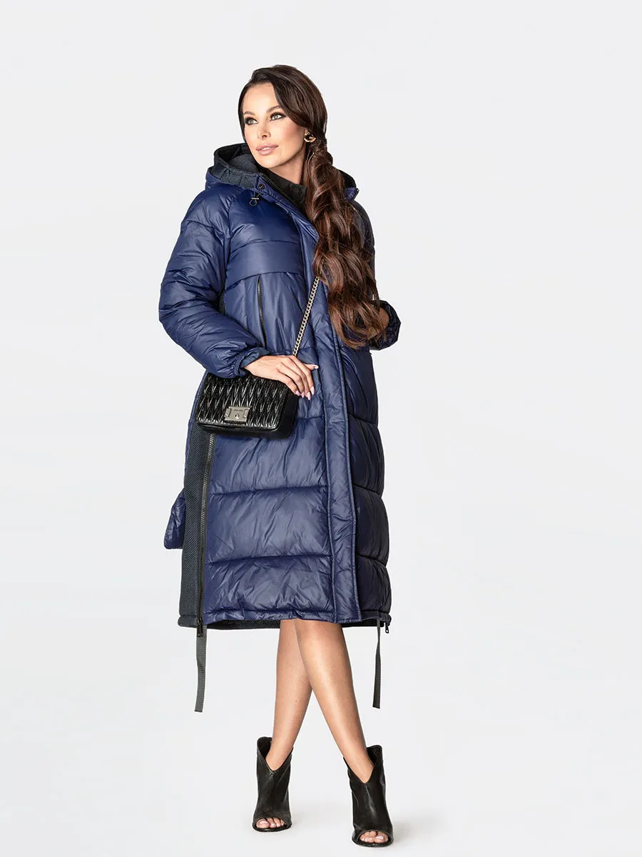 Dark blue women's long winter jacket with hood