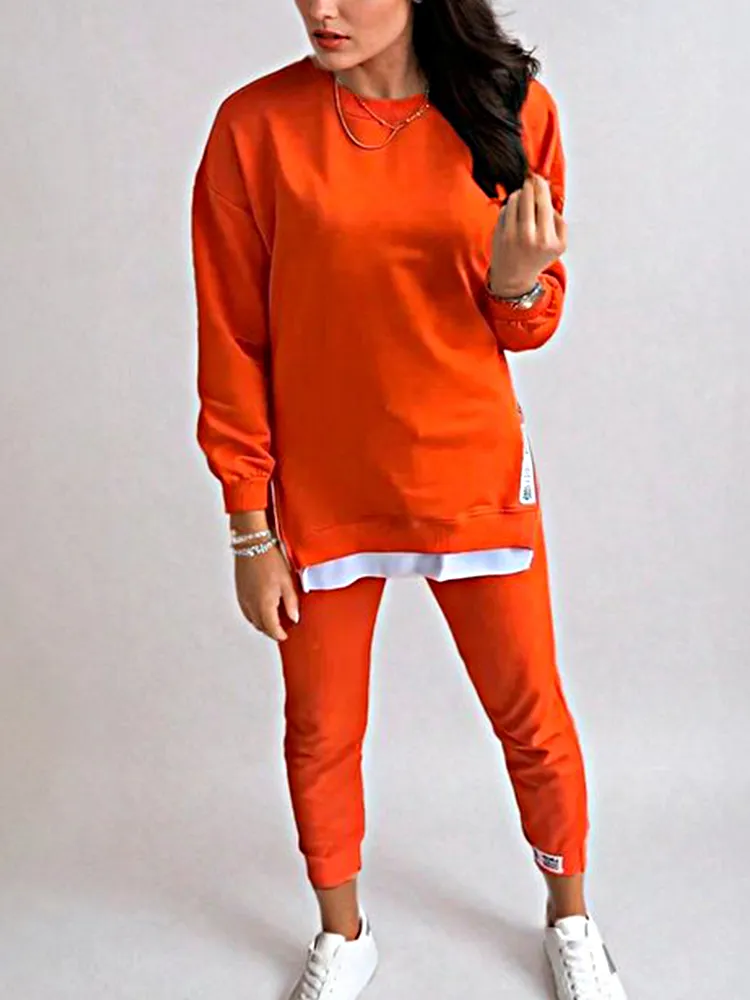 Women's Fashion Side Slit Fake Two-piece Top & Pants Two-piece Set