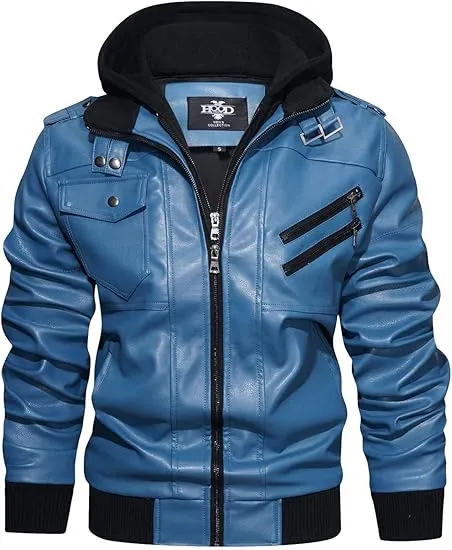 🧥 Men’s Casual Stand Collar PU Faux Leather Motorcycle Jacket with Removable Hood