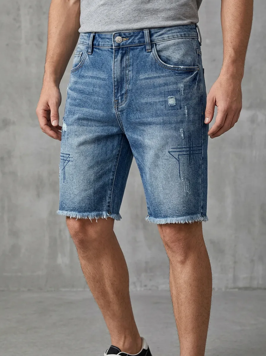 Mobility-Focused Distressed Raw Hem Classic Look Men's Distressed Raw Hem Denim Shorts