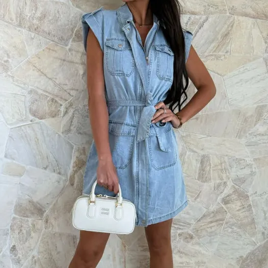 Casual Tie Waist Denim Mini Dress