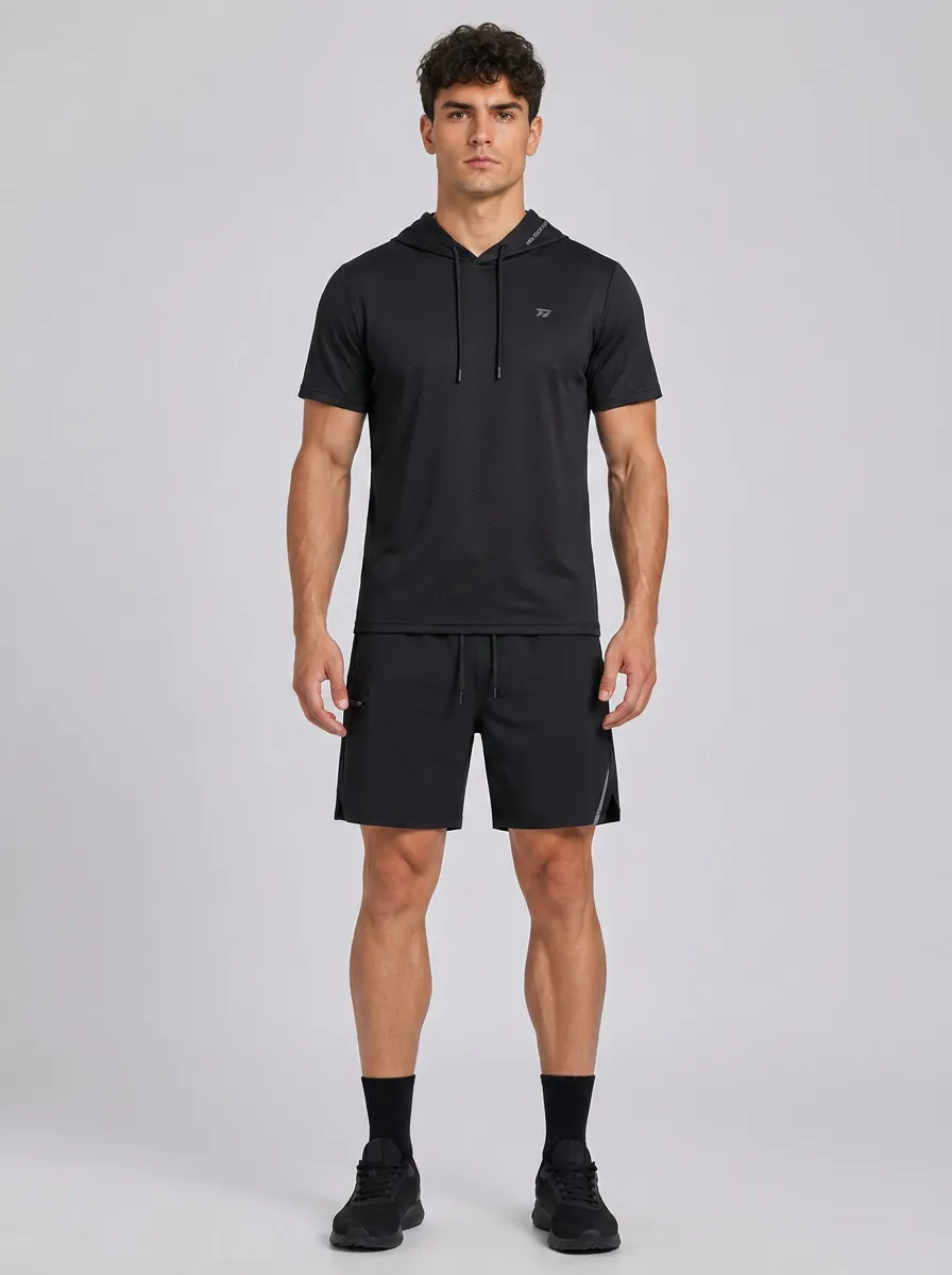 Men's Athletic Fitness Black Hooded T-shirt and Shorts Set