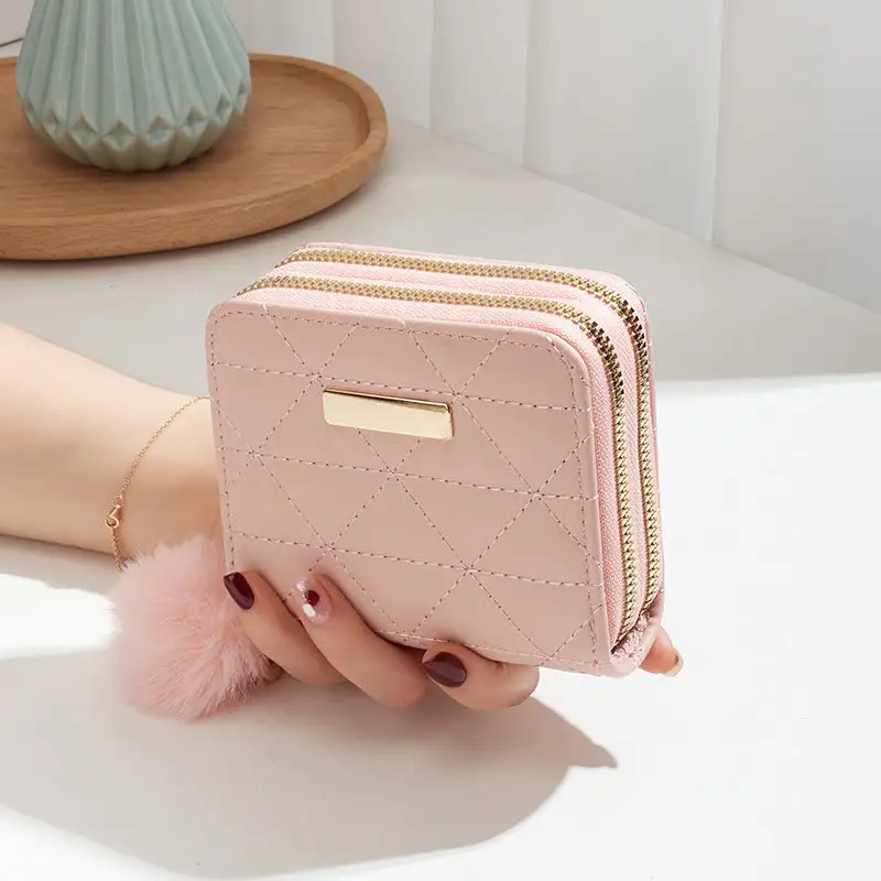 Compact Faux Leather Quilted Zip Wallet Clutch