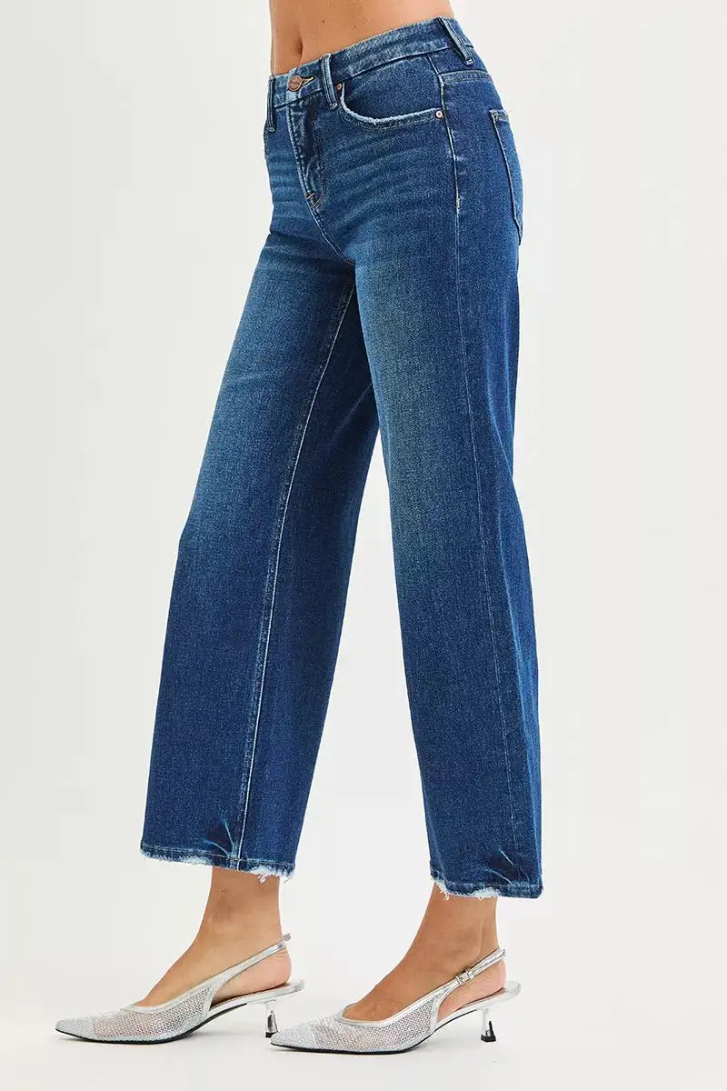 Modern High Rise Raw Hem Wide Leg Jeans