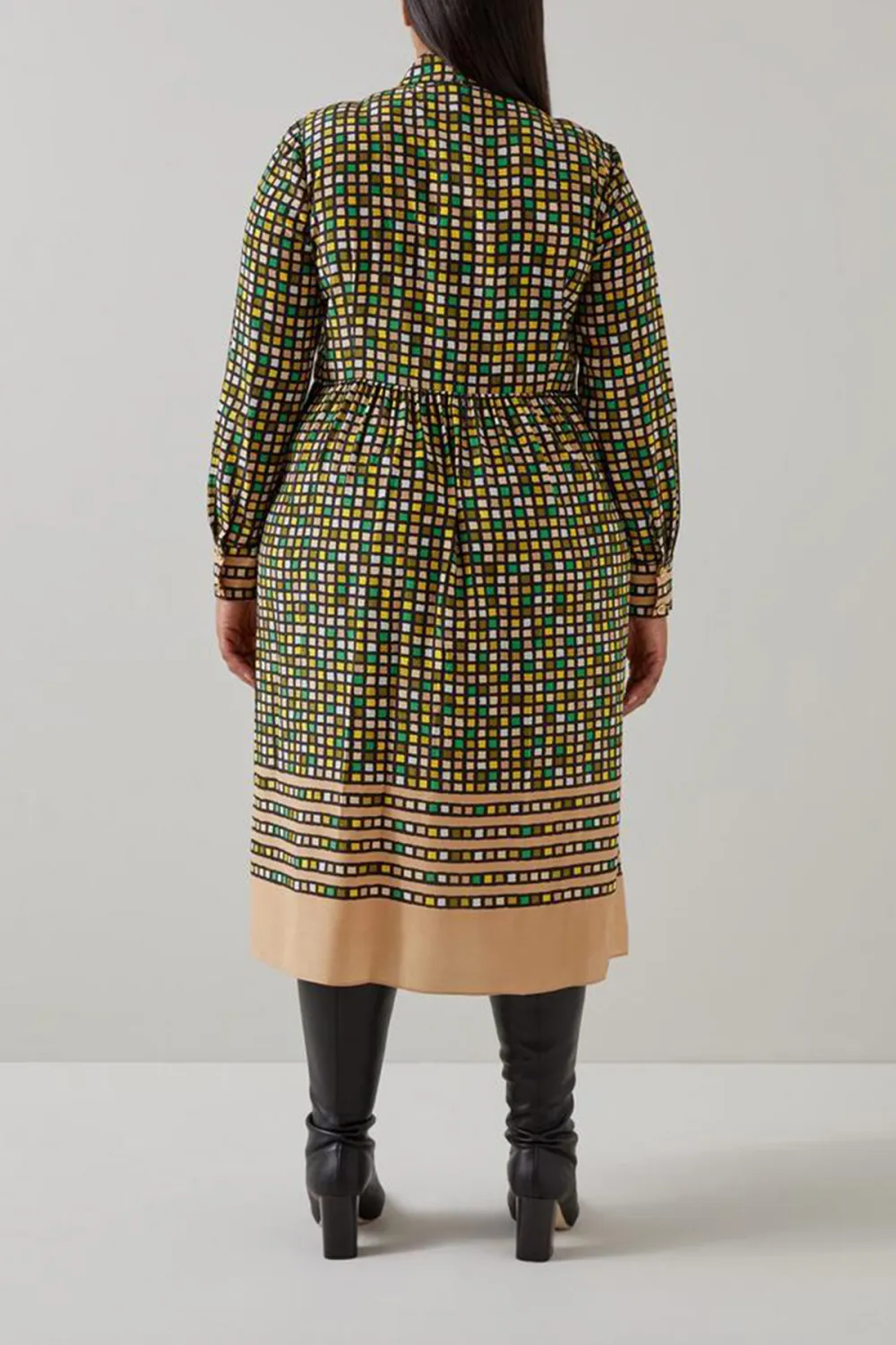 Green Checkered Tie Neck Two Tone Dress