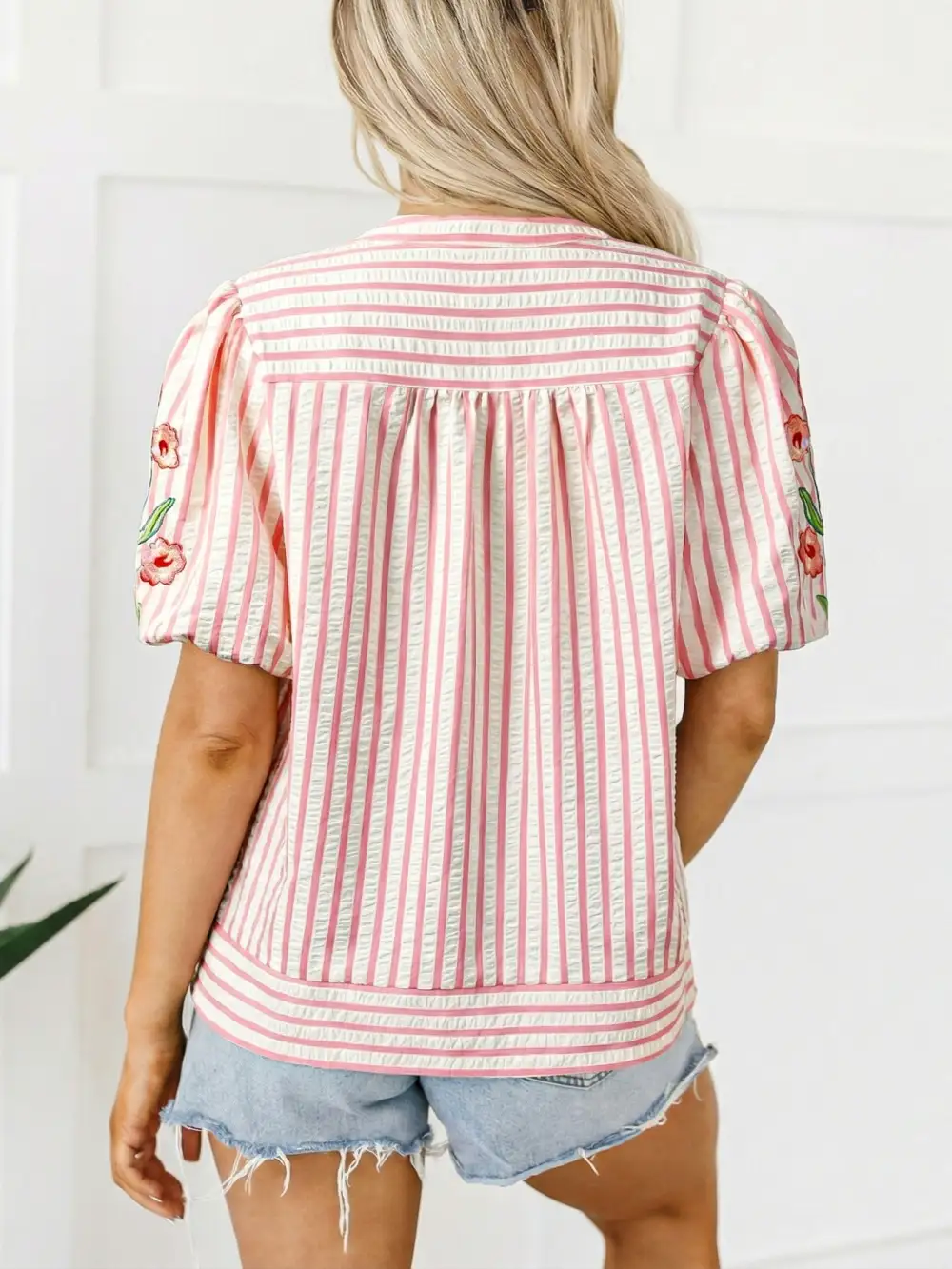 Stripe Print Floral Embroidered Puff Sleeve V Neck Blouse
